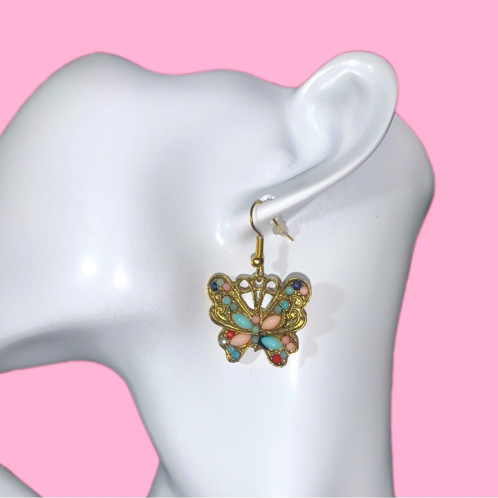 Gold Butterfly Multicolor Colorful Earrings